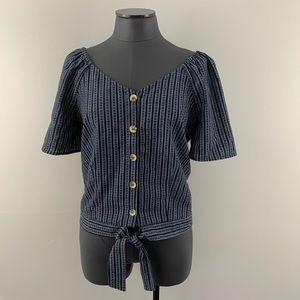 Women's Medium CHARMING CHARLIE Blue Striped Button Down Tie Top NWT